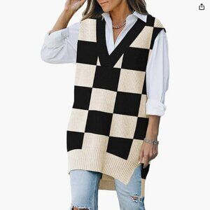Black & Ivory Checkerboard V Neck Knit Tunic Sweater Top M